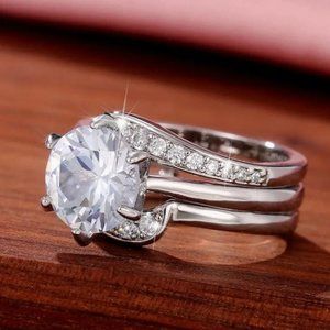Dimond Ring 2pc Set Portuguese Cut 3ct Moissanite Sterling Silver SZ 10 NWT